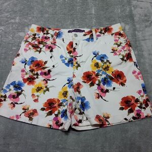 GLORIA VANDERBILT Shorts Womens 14 Amanda High Rise Floral White Denim NEW‎